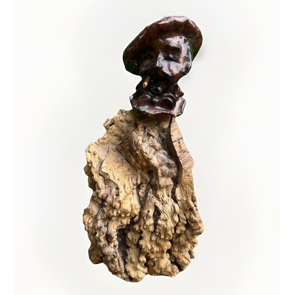 Shep‎ Shapiro Signed Apple Head Folk Art Smoking Man Burl Wood Sculpture